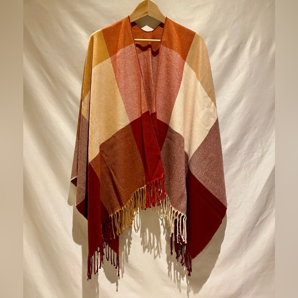 SiiZU Fringed Poncho / Wrap, Cranberry